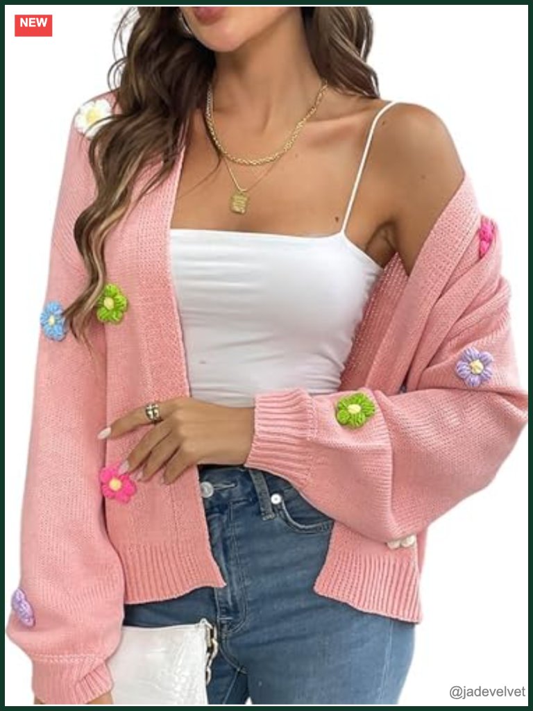 Women's Cropped Cardigan Sweater Boho Floral Embroidery Oversized Open Front